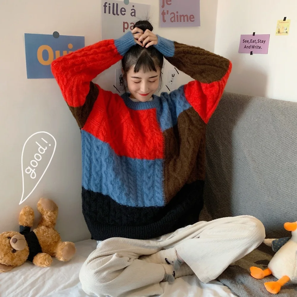 2020 new Fashion Korean knitted sweater women Crew neck Retro Checkered Twist Hit color Pullover casual loose Thicken warm gift
2020 new Fashion Korean knitted sweater women Crew neck Retro Checkered Twist Hit color Pullover casual loose Thicken warm gift
