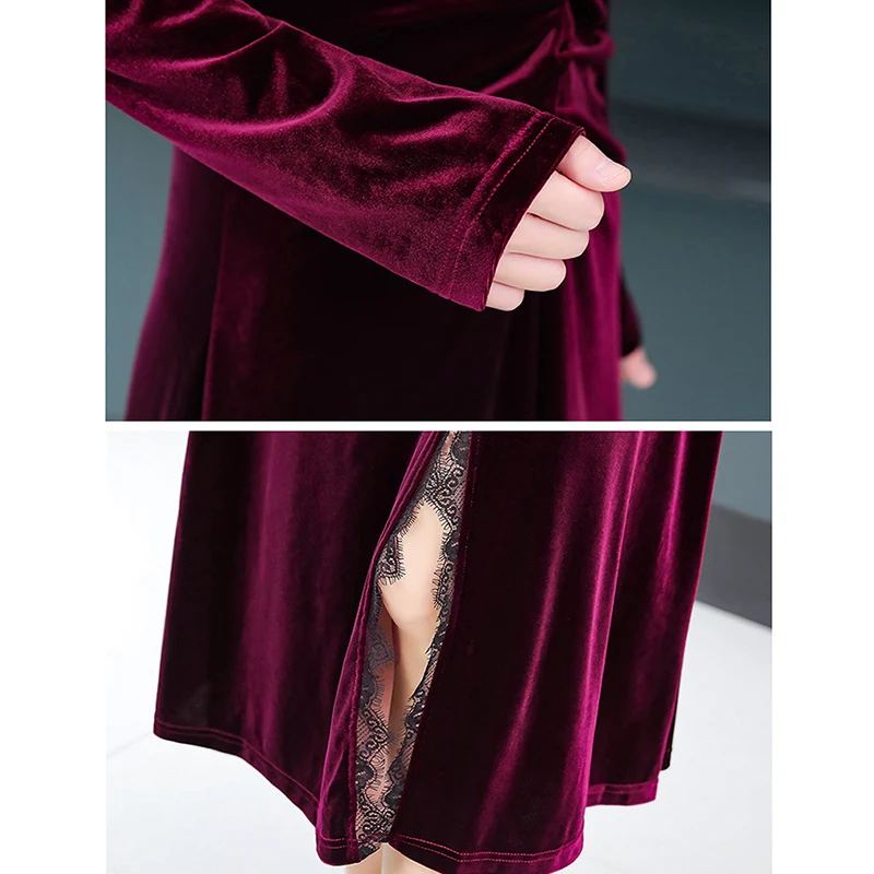 Women Dresses Spring Autumn Gold Velvet Dress Lace Stitching V-neck Sexy Split Long Dress Elegant Ladies Evening Dress Vestidos
Women Dresses Spring Autumn Gold Velvet Dress Lace Stitching V-neck Sexy Split Long Dress Elegant Ladies Evening Dress Vestidos