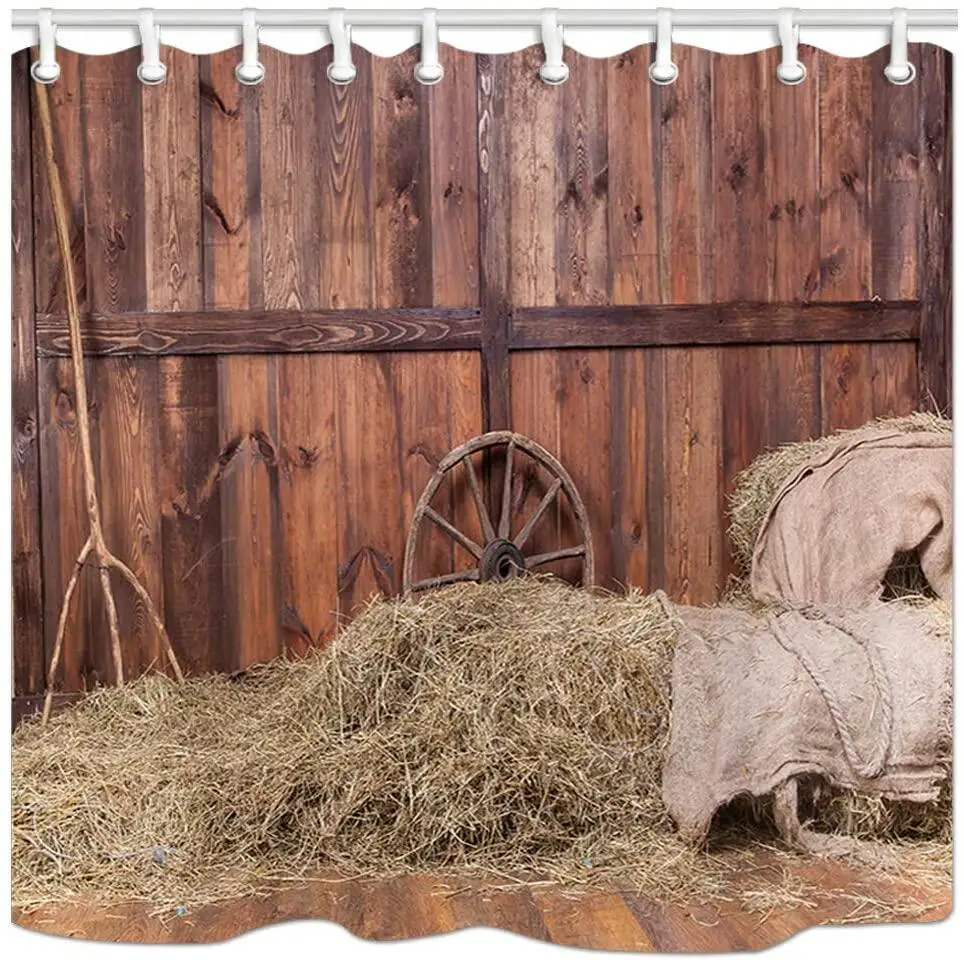 

Rustic Shower Curtain, Hay Bale Wood Western Barn Background Cowboy Theme Rural Life, Polyester Fabric Bath Curtains with Hooks