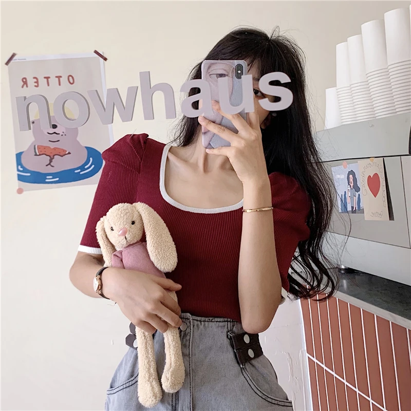 Women Girls Summer Short Puff Sleeve Tee Shirts Lady Fashion Patched Square Collar Knit Stretchy Chic Crop Tops 2021
Women Girls Summer Short Puff Sleeve Tee Shirts Lady Fashion Patched Square Collar Knit Stretchy Chic Crop Tops 2021