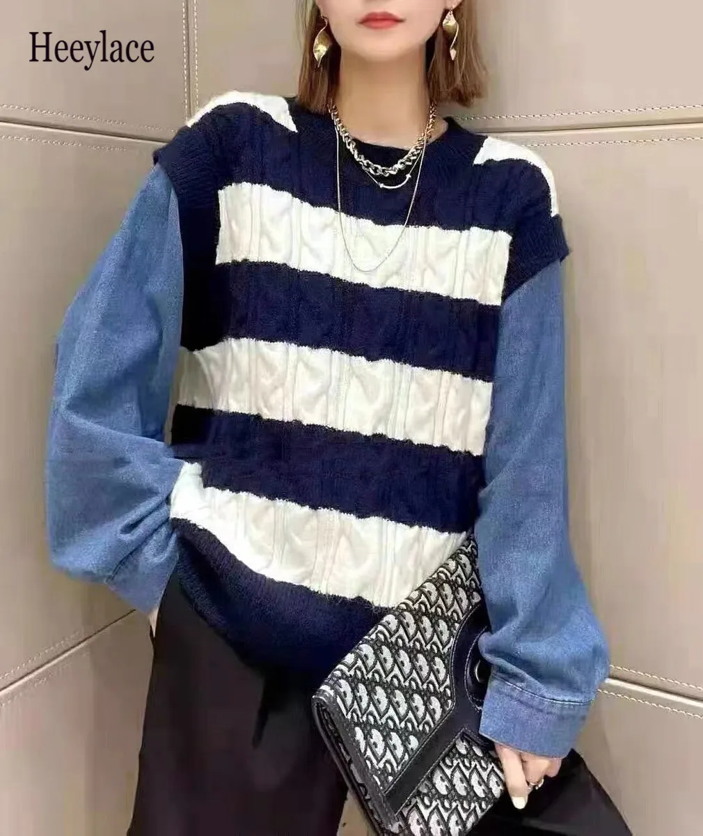 Striped Sweater Women's Fake Two-Piece Denim Stitching Round Neck Long Sleeve Top 2021 Autumn And Winter New Knitwear
Striped Sweater Women's Fake Two-Piece Denim Stitching Round Neck Long Sleeve Top 2021 Autumn And Winter New Knitwear