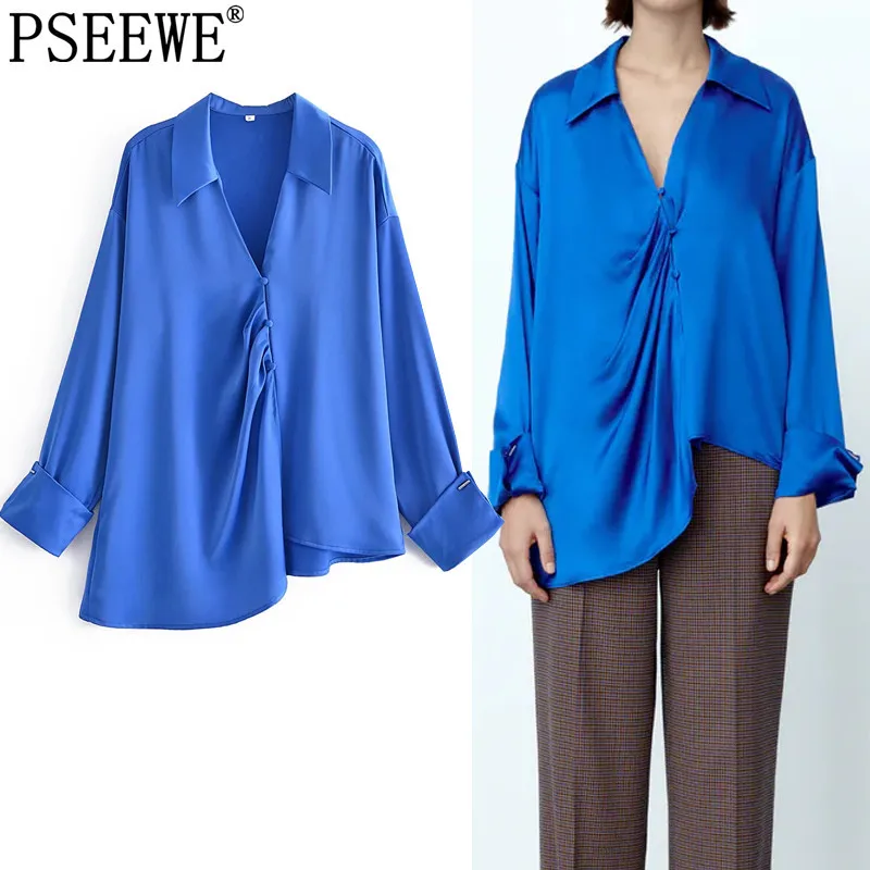 Рубашка PSEEWE Женская атласная, асимметричная блузка синего цвета, мешковатая Модная элегантная Осенняя блузка с рюшами, на пуговицах, 2021
Рубашка PSEEWE Женская атласная, асимметричная блузка синего цвета, мешковатая Модная элегантная Осенняя блузка с рюшами, на пуговицах, 2021