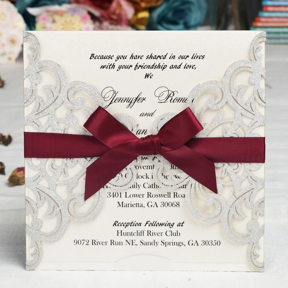 50PCS Silver Glitter Laser Cut Wedding Invitations Cards With Burgundy Ribbon and Envelope for Birthday Bridal Shower
50PCS Silver Glitter Laser Cut Wedding Invitations Cards With Burgundy Ribbon and Envelope for Birthday Bridal Shower