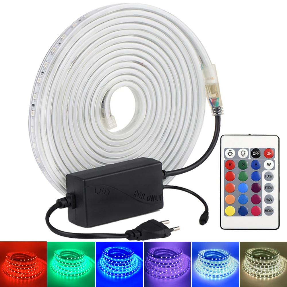 SMD 5050 220V RGB LED Strip Dimmable RGB Color Tape Changeable with 24Key Remote Controller Waterproof Flexible LED Light Strip
SMD 5050 220V RGB LED Strip Dimmable RGB Color Tape Changeable with 24Key Remote Controller Waterproof Flexible LED Light Strip