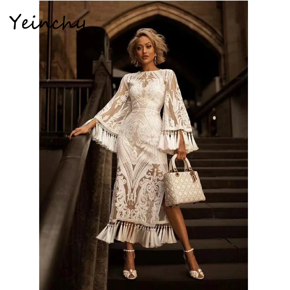 Yeinchy women sexy o neck long sleeve lace and tassel party dress split maxi dress FM6043
Yeinchy women sexy o neck long sleeve lace and tassel party dress split maxi dress FM6043