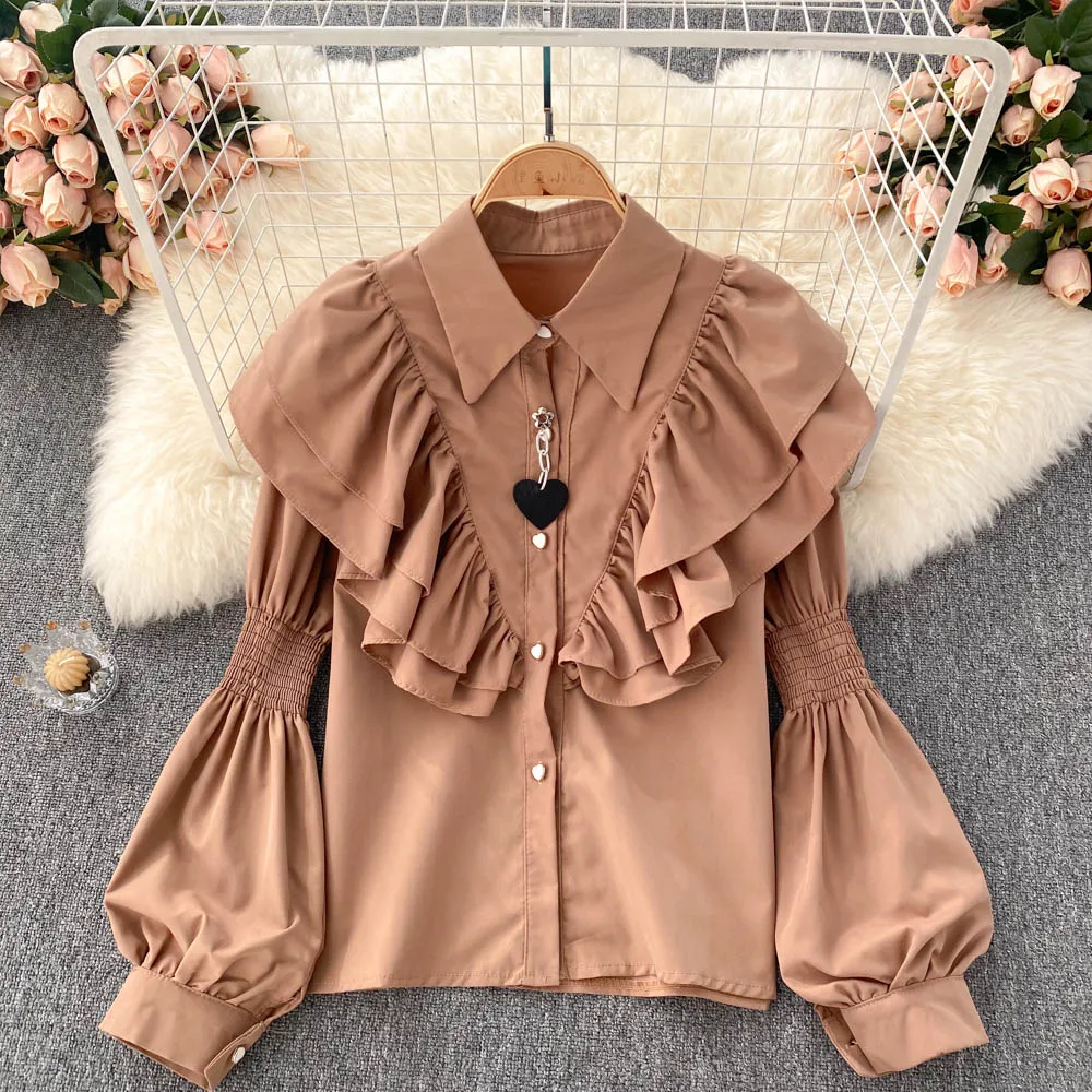C661 Women's New Fashion Autumn Ruffle Lapel Single Breasted Loose Long Sleeve Top Mujer Solid Color Shirts Elegant Blouse
C661 Women's New Fashion Autumn Ruffle Lapel Single Breasted Loose Long Sleeve Top Mujer Solid Color Shirts Elegant Blouse