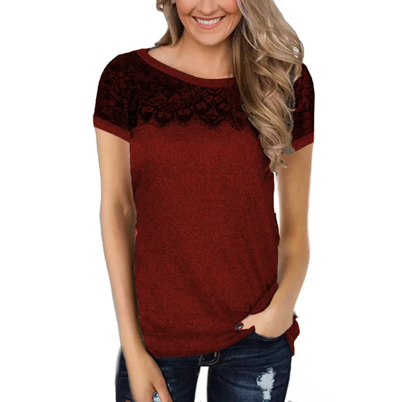 2021 summer fashion women's lace splicing solid color simple short sleeve T-shirt casual
2021 summer fashion women's lace splicing solid color simple short sleeve T-shirt casual