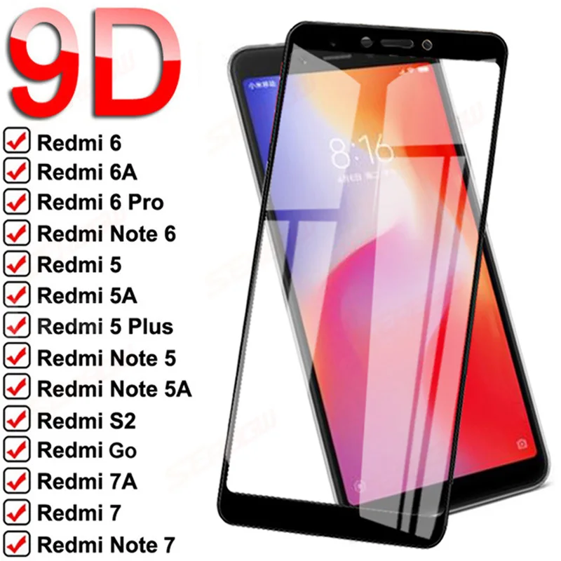 Закаленное защитное стекло 9D для Xiaomi Redmi 5 Plus 5A Go 6 6A S2 7 7A Note Pro|Защитные стёкла и