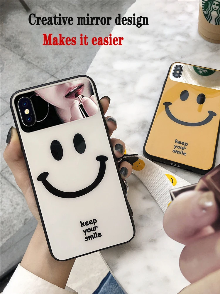 Чехол со смайликом для iPhone SE 2020 зеркальный чехол с ремешком макияжа 11 pro max X XS Max XR 6