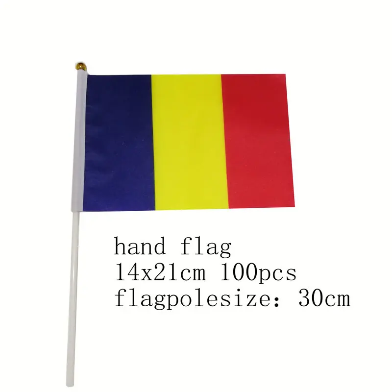 

zwjflagshow Romania Hand Flag 14*21cm 100pcs polyester Romania Small Hand waving Flag with plastic flagpole for decoration