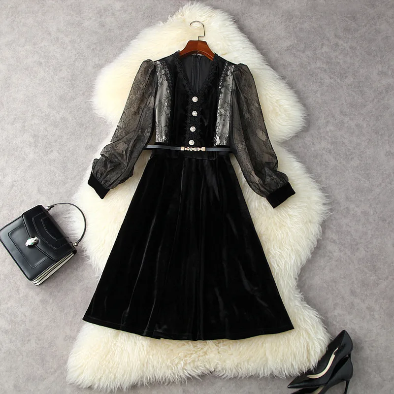 Ladies Dress Autumn 2021 New V-Neck Wrist Length Sleeves Lace Patchwork Velvet Slim A-Line Elegant Black Dress Knee Length S-XL
Ladies Dress Autumn 2021 New V-Neck Wrist Length Sleeves Lace Patchwork Velvet Slim A-Line Elegant Black Dress Knee Length S-XL