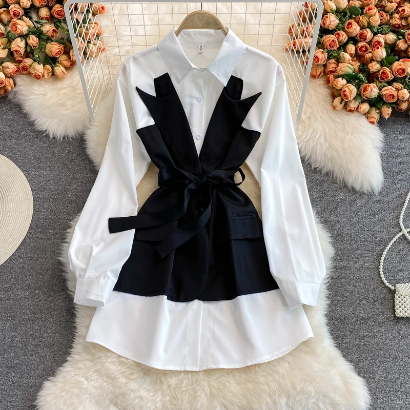 2021Fake Two Pieces Women shirt Dresse Elegant Patchwork Bandage Autumn Korean Vintage Long Sleeve FashionofficeRobe Femmedress
2021Fake Two Pieces Women shirt Dresse Elegant Patchwork Bandage Autumn Korean Vintage Long Sleeve FashionofficeRobe Femmedress