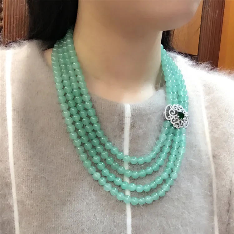 

Hot sell natural dongling green Jade stone beads multi-layered micro inlay zircon clasp necklace fashion jewelry