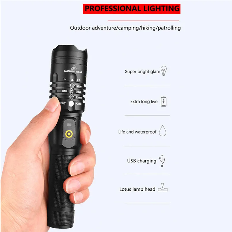 Led Torch Flashlight Powerful Flashlight Rechargeable Aluminum Alloy USB Rechargeable Camping Light XHP50
Led Torch Flashlight Powerful Flashlight Rechargeable Aluminum Alloy USB Rechargeable Camping Light XHP50
