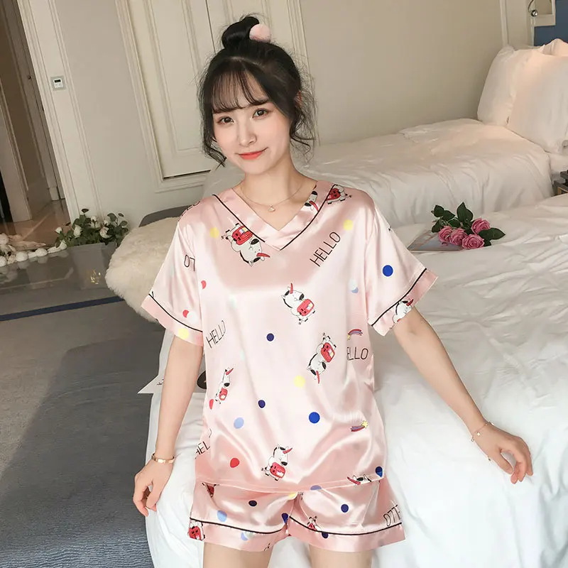 Pink Pajamas Two Pieces Printed V Neck Short Sleeves Shorts Summer Nightwear Sleep Cloth Silk Material In Stock NW52
Pink Pajamas Two Pieces Printed V Neck Short Sleeves Shorts Summer Nightwear Sleep Cloth Silk Material In Stock NW52