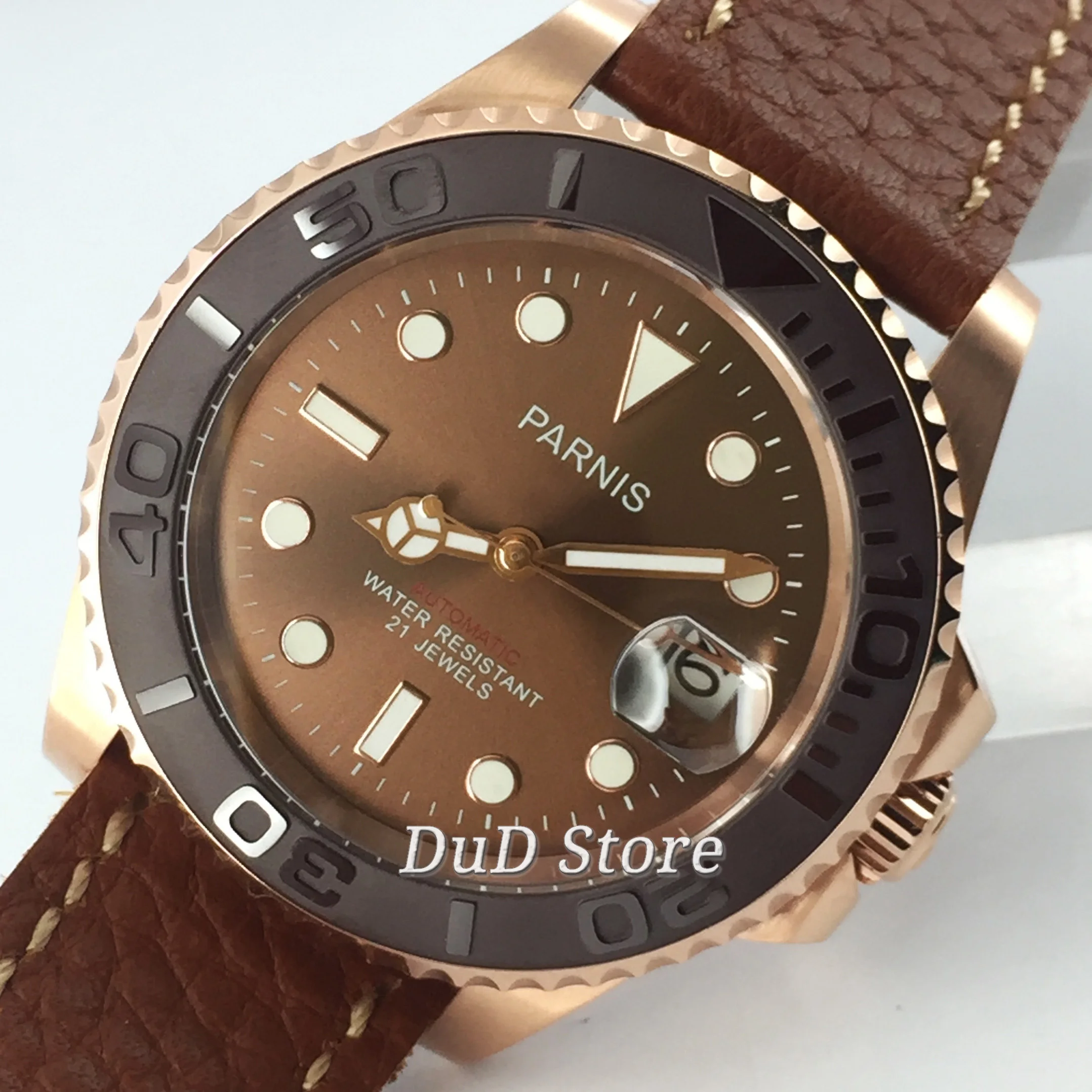 Мужские часы Parnis 41 мм с коричневым циферблатом чехлом из нержавеющей стали цвета