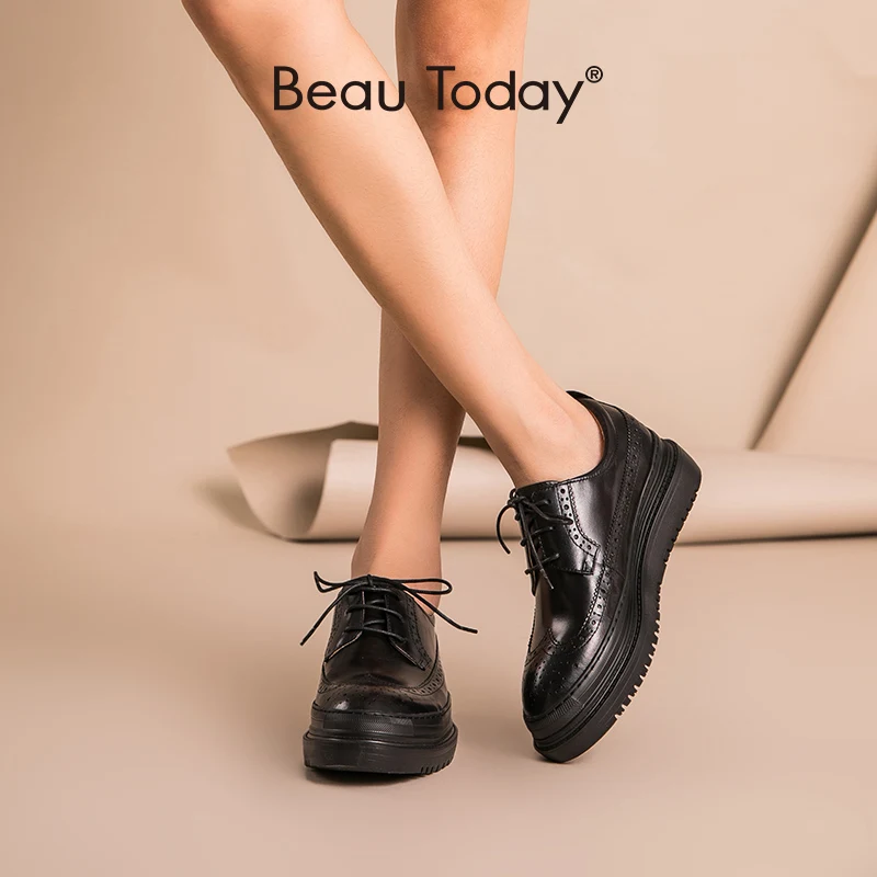 

Women Brogue Shoes Genuine Cow Leather Platform Derbys with Lace-Up design Round Toe Thick Sole Shoes Handmade BeauToday 21403