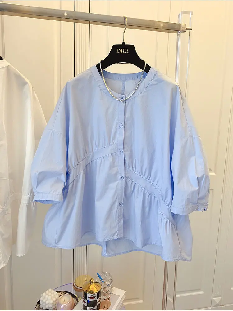 

Cotton Design Sense Niche Korean Version Loose Asymmetric Folds Stitched Doll Shirt Shirt Top 2021 Spring/summer New