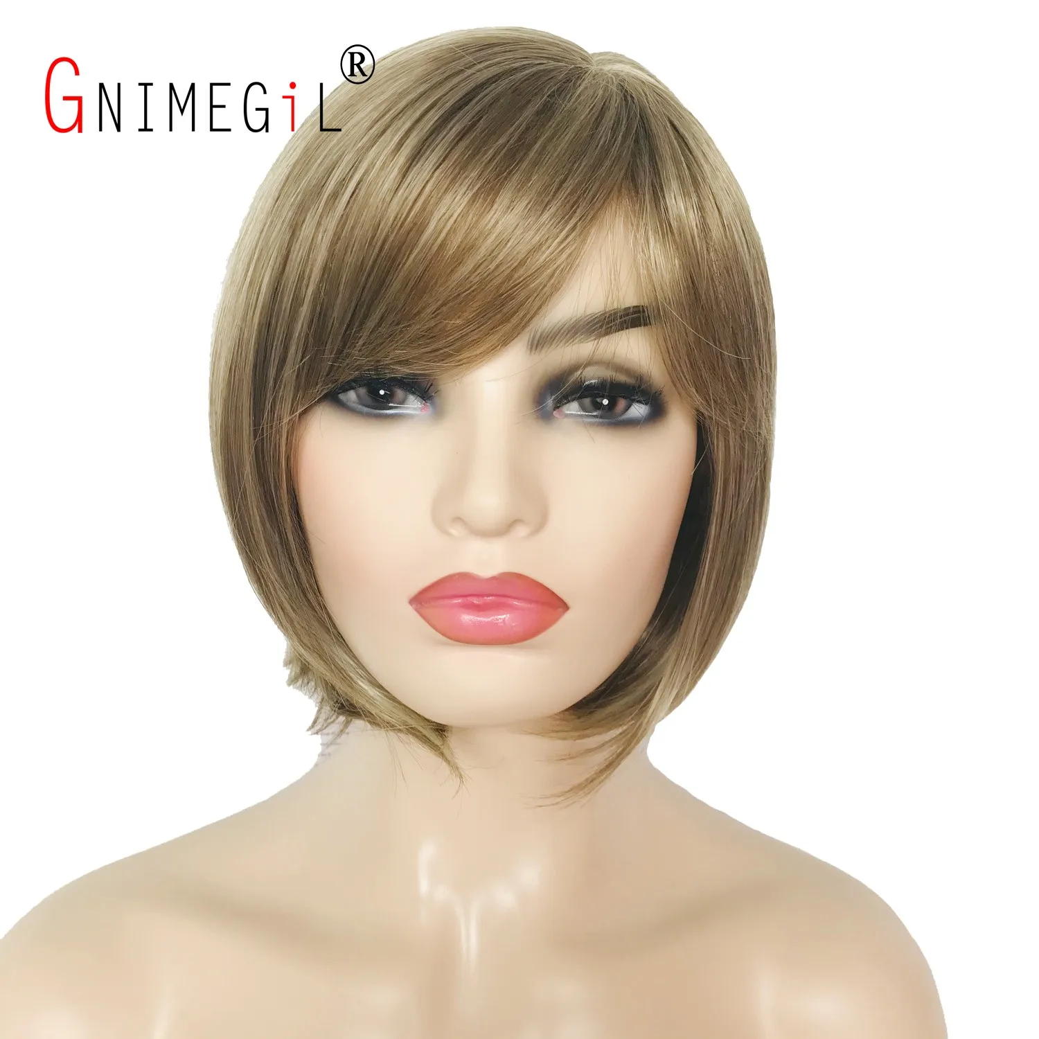 

GNIMEGIL Short Blonde Synthetic Wig with Bangs for Women Bob Hairstyles Soft Blend Highlights Hair Replacement Wigs Daily Wear