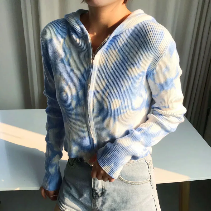 Women Spring New 2021 Crop Sweater Tie-Dye Long Sleeve Knitted Sweaters Double Zipper Hooded Female Cardigan Harajuku Coat Blue
Women Spring New 2021 Crop Sweater Tie-Dye Long Sleeve Knitted Sweaters Double Zipper Hooded Female Cardigan Harajuku Coat Blue