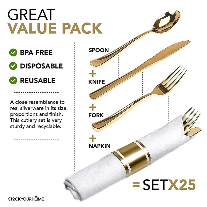 25Pcs/Lot Plastic Knife Fork Spoon Cutlery Napkin Set, Wedding Supplies, Wedding Table Decoration Bridal Party
25Pcs/Lot Plastic Knife Fork Spoon Cutlery Napkin Set, Wedding Supplies, Wedding Table Decoration Bridal Party