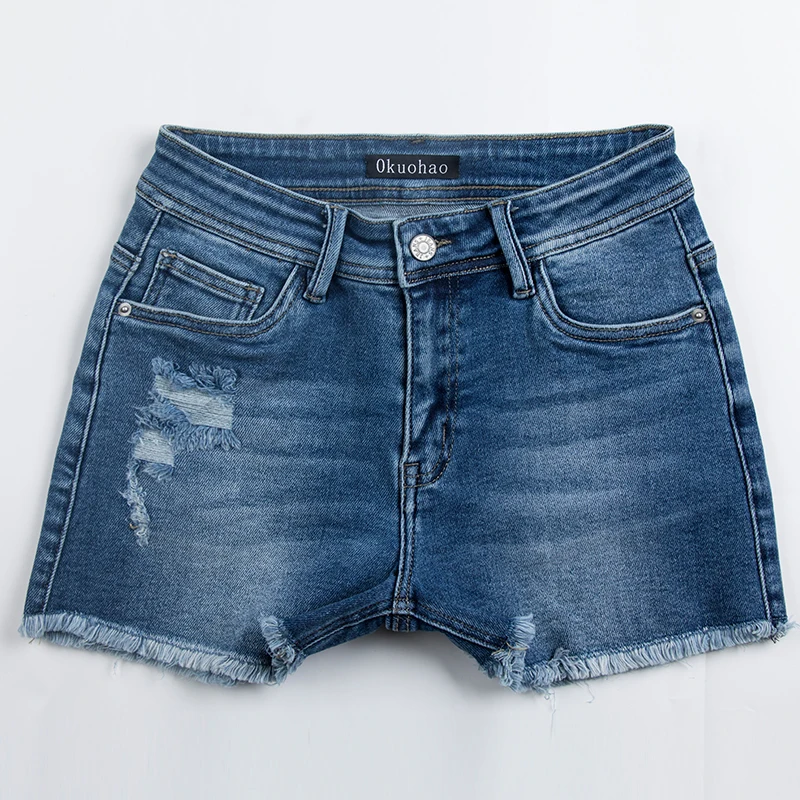 

Okuohao Casual Frayed Destroy Bermuda Pants Mom Summer 2021 Vintage Rolled Hem Short New Ripped Denim Shorts Jeans For Women