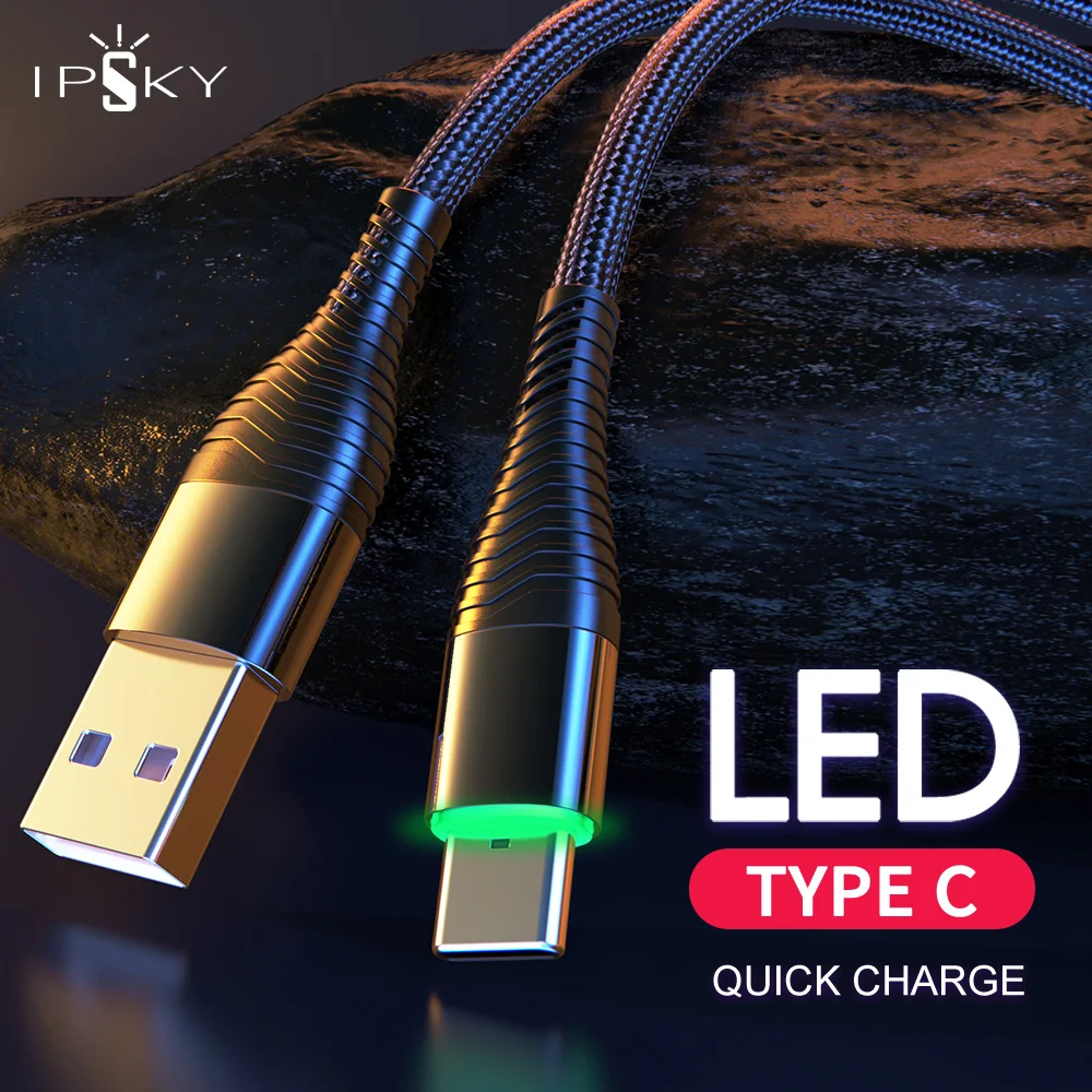 IPSKY USB к TypeC зарядный кабель LED 3A Быстрая зарядка для передачи данных Xiaomi Huawei Mate30