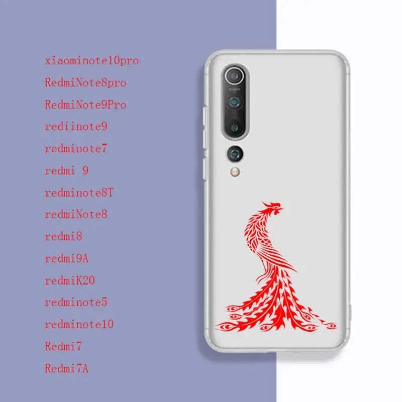 Chinese style classical phoenix Phone Case transparent phone case For Redmi note8T note7 7A 9A Xiaomi note10pro
Chinese style classical phoenix Phone Case transparent phone case For Redmi note8T note7 7A 9A Xiaomi note10pro