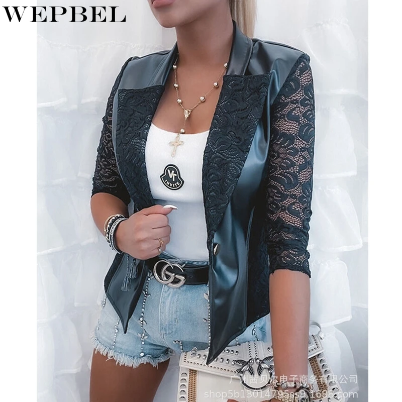 WEPBEL Coat Women's Casual Lace PU Slim Fit Patchwork Coat Autumn Fashion Solid Color Cardigan Long Sleeve Hollow Out Coat
WEPBEL Coat Women's Casual Lace PU Slim Fit Patchwork Coat Autumn Fashion Solid Color Cardigan Long Sleeve Hollow Out Coat