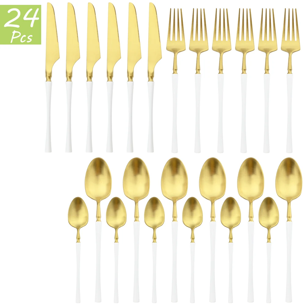 24Pcs White Gold Cutlery Set High Quality Western Tableware Set 18/10 Stainless Steel Dinnerware Fork Knives Spoon Flatware Set
24Pcs White Gold Cutlery Set High Quality Western Tableware Set 18/10 Stainless Steel Dinnerware Fork Knives Spoon Flatware Set