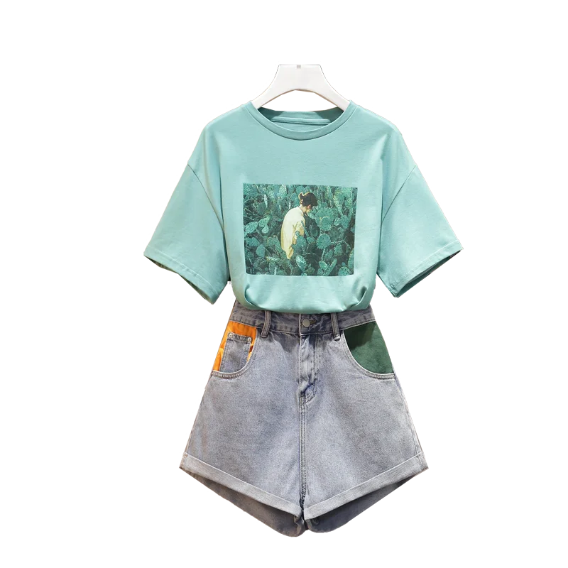 Summer 2020 New Big Yards Couture Younger Sister Print Sweatshirt T-Shirt Denim Shorts Suit Women Outfit 2 Pcs Clothing Set
Summer 2020 New Big Yards Couture Younger Sister Print Sweatshirt T-Shirt Denim Shorts Suit Women Outfit 2 Pcs Clothing Set