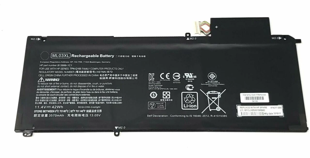 Аккумулятор ML03XL для ноутбука HP Spectre X2 12-A000 12-A001DX HSTNN-IB7D 11,4-005 813999-1C1 3570 в 42 Втч 814277 м, 11,4 в, 42 Втч
Аккумулятор ML03XL для ноутбука HP Spectre X2 12-A000 12-A001DX HSTNN-IB7D 11,4-005 813999-1C1 3570 в 42 Втч 814277 м, 11,4 в, 42 Втч