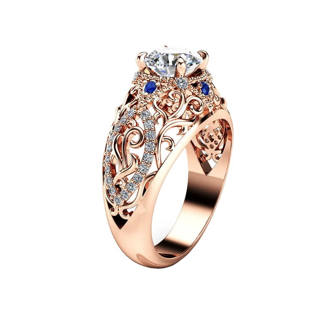 Modern Fashion Women Ring Luxury Noble Rose Gold Openwork Flowers With Blue Diamond Ladies Jewelry Hot Sale Best Gift | Украшения и