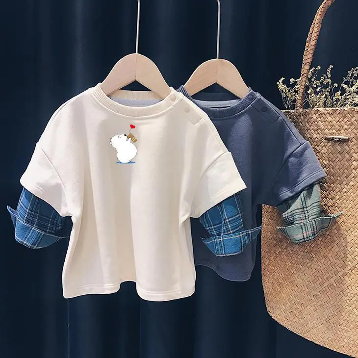 Children's fake two-piece cotton clothing top boys and girls long sleeve T-shirt P5655
Children's fake two-piece cotton clothing top boys and girls long sleeve T-shirt P5655