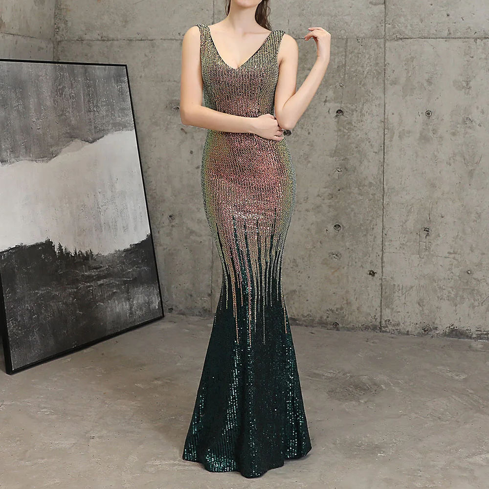 Dark Blue Sparkly Mermaid Evening Dress Women Beading Sleeveless Party Long Dresses V Neck Wedding Formal Gowns Elegant Robe | Свадьбы и