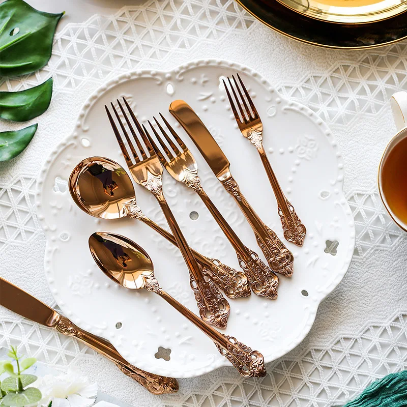 European Style Palace Banquet Western Tableware 304 Stainless Steel Cutlery Set Golden Embossed Steak Cutlery
European Style Palace Banquet Western Tableware 304 Stainless Steel Cutlery Set Golden Embossed Steak Cutlery