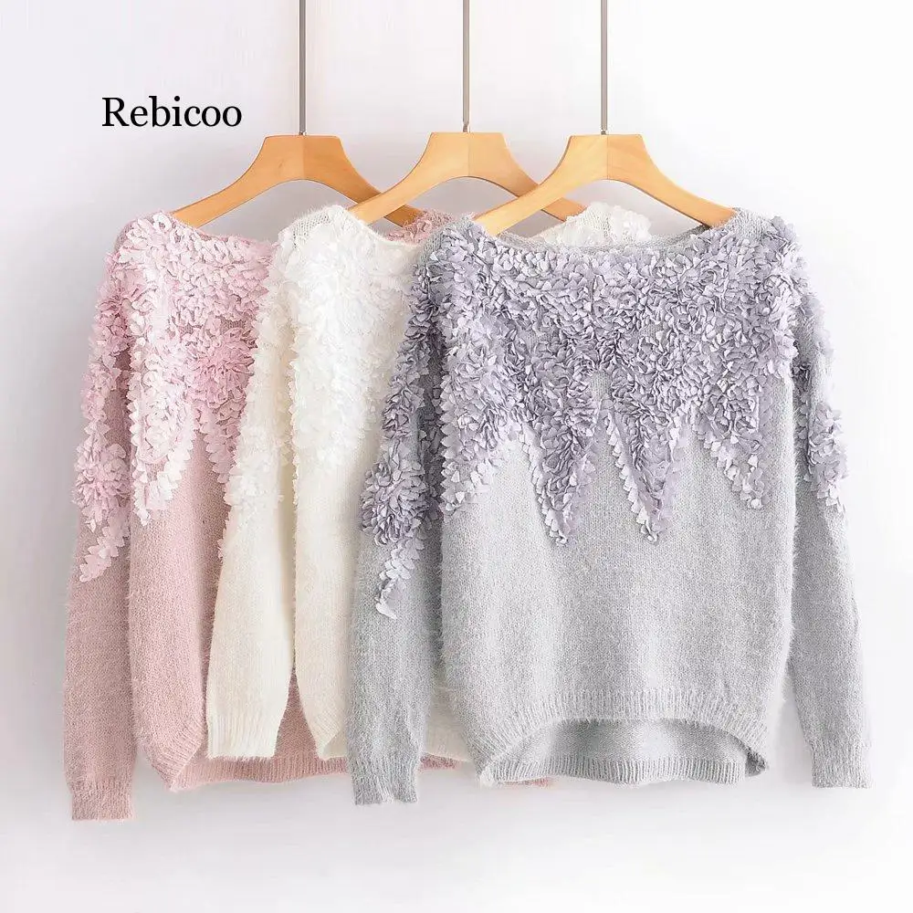 Rebicoo New Pullover Appliques 3D Flowers Sweater Women Faux Mink Cashmere Streetwear Lady O-Neck Loose Top Vestidos
Rebicoo New Pullover Appliques 3D Flowers Sweater Women Faux Mink Cashmere Streetwear Lady O-Neck Loose Top Vestidos
