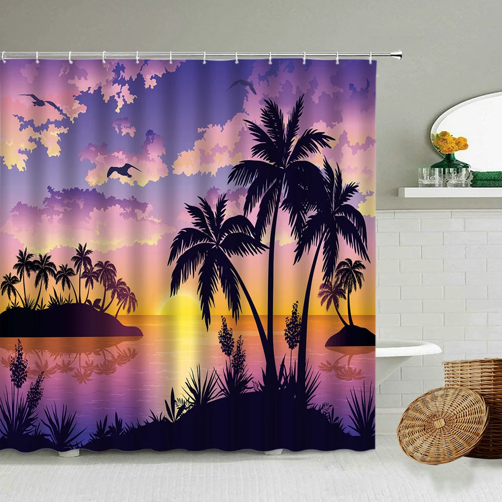 

Seaside Sunset Beach Scenery 3D Waterproof Shower Curtain Coconut Tree Summer Vacation Nature Photography Bathroom Cloth Screen