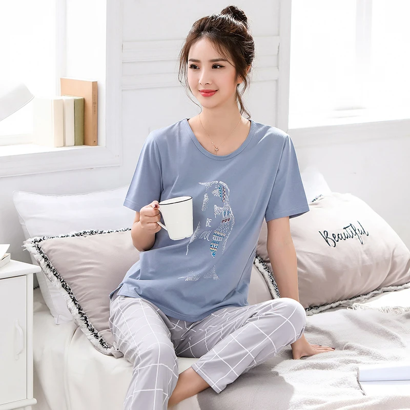 New Summer Cotton Women Pajamas Set Short Tops+Long Pants Two Pieces Set Womens Loose Pyjamas M-5XL Pyjama Femme
New Summer Cotton Women Pajamas Set Short Tops+Long Pants Two Pieces Set Womens Loose Pyjamas M-5XL Pyjama Femme