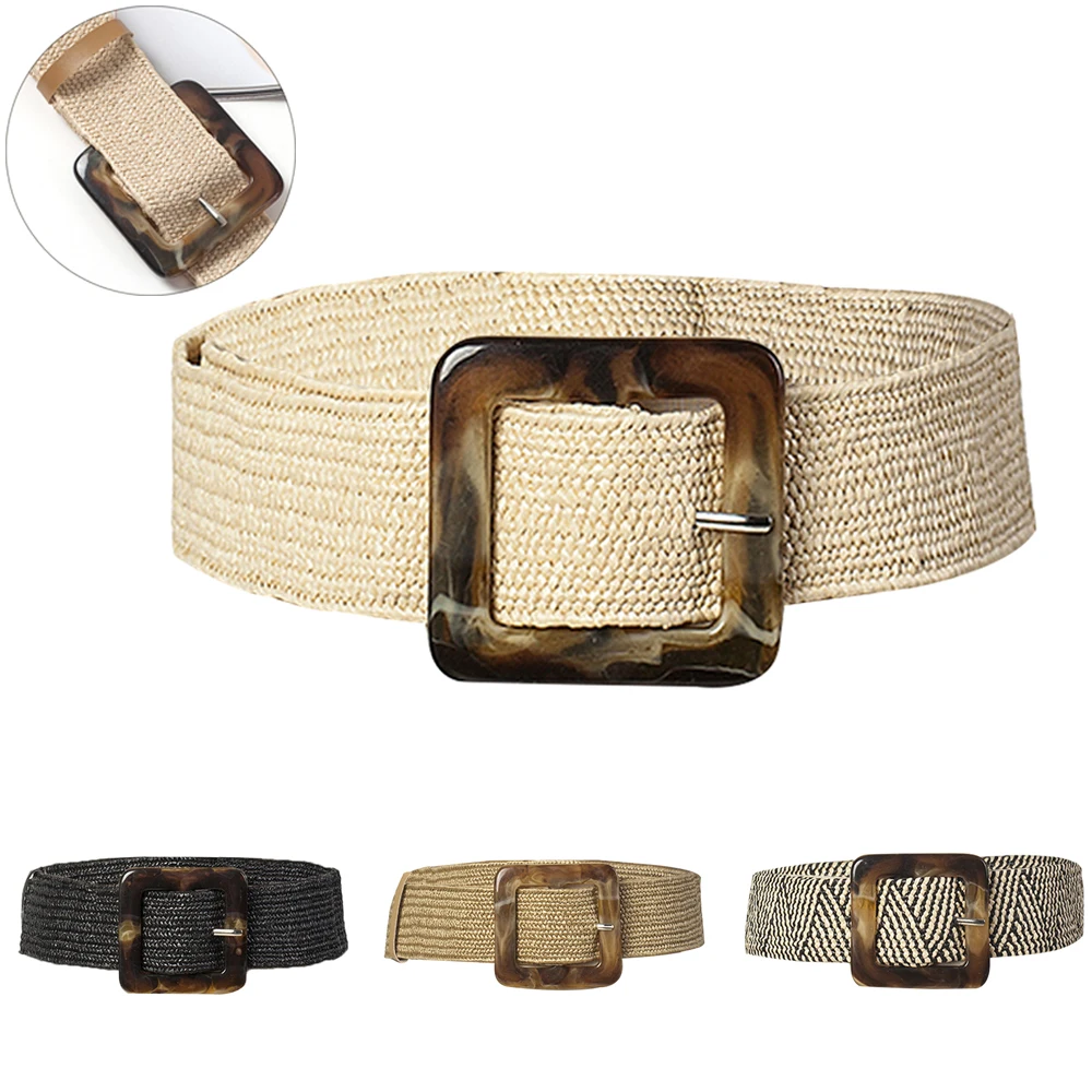 

Womens Retro Stretch Wood Grain Buckle Waist Belt Wide Braided Elastic Waistband