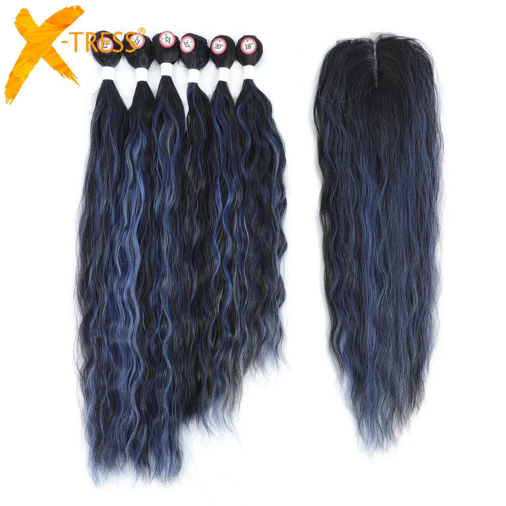 Black Mixed Blue Highlight Colored Synthetic Hair Extensions For Black Women X-TRESS 6 Bundles With Lace Closure Natural Wave
Black Mixed Blue Highlight Colored Synthetic Hair Extensions For Black Women X-TRESS 6 Bundles With Lace Closure Natural Wave