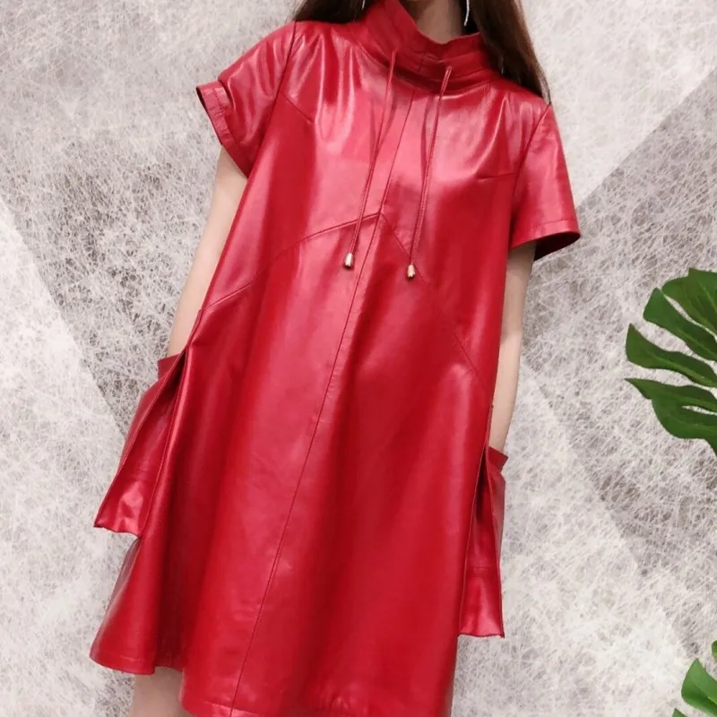 Women New Fashion Sheepskin Genuine Leather Dress Belted Short Sleeve Turtleneck Loose Fit Dresses Ladies Harajuku Short Dress
Women New Fashion Sheepskin Genuine Leather Dress Belted Short Sleeve Turtleneck Loose Fit Dresses Ladies Harajuku Short Dress
