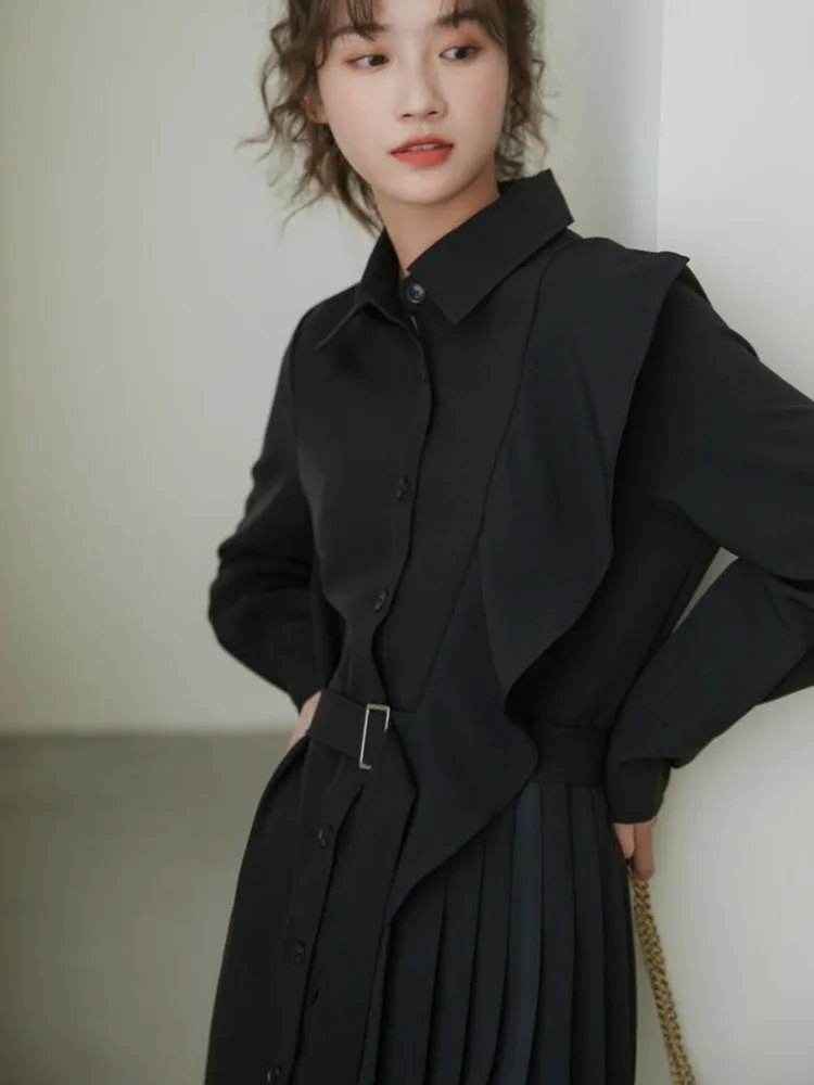 Женское однобортное платье LANMREM черное плиссированное с широкой юбкой лацканами