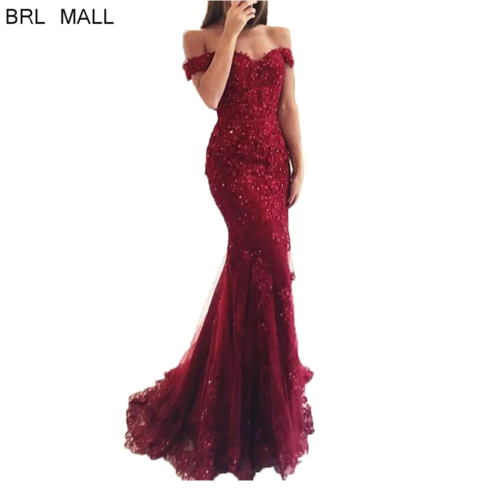 2020 Sexy Burgundy Beaded Lace Mermaid Prom Dresses Off Shoulder Formal Evening Gowns Appliques Lace Party Dress Robe de soire
2020 Sexy Burgundy Beaded Lace Mermaid Prom Dresses Off Shoulder Formal Evening Gowns Appliques Lace Party Dress Robe de soire