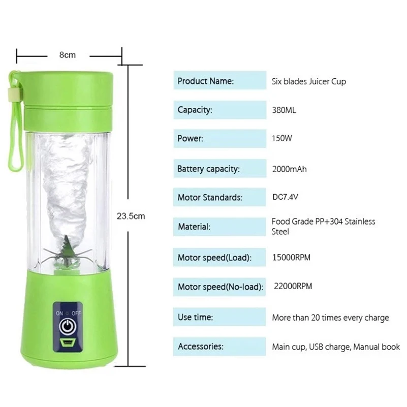 380ml Portable Juicer Electric USB Rechargeable Smoothie Blender Machine Mixer Mini Juice Cup Maker Fast Blenders Food Processor 
380ml Portable Juicer Electric USB Rechargeable Smoothie Blender Machine Mixer Mini Juice Cup Maker Fast Blenders Food Processor