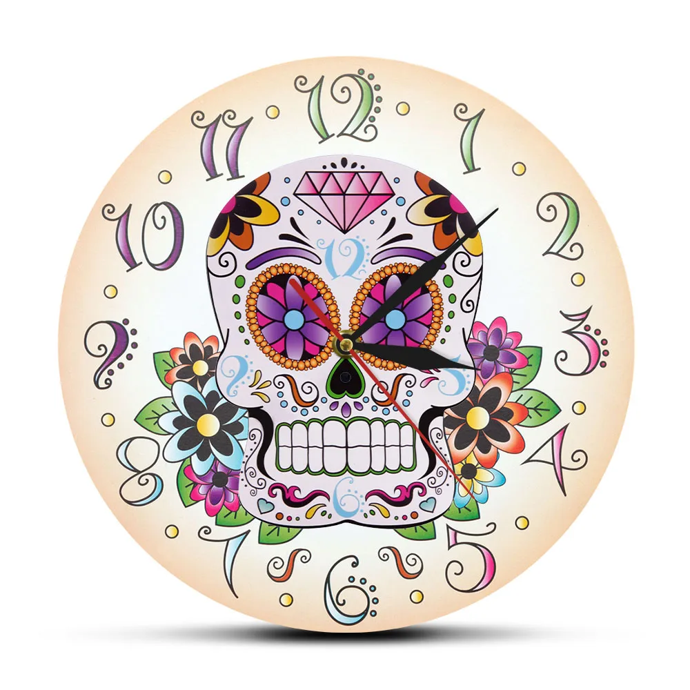 Настенные часы с изображением Дня мертвых мексиканских цветов и черепа домашний