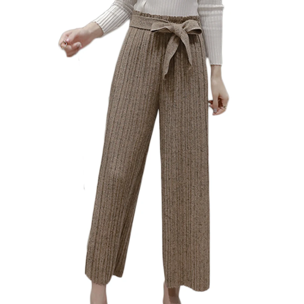 

Модные вязаные осенне-зимние плотные повседневные брюки из искусственной шерсти с высокой талией и широкими штанинами для женщин