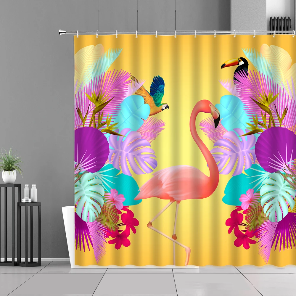 

Flamingo Parrot Toucan Tropical Plants Printing Shower Curtain Yellow Background Bathroom Decor Curtains Waterproof Bath Screen