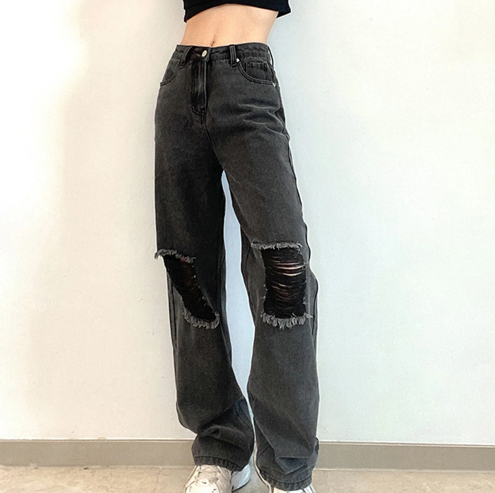 Women's High Waist Jeans Casual Pants Hole Denim Trouser Loose-fitting Wide Leg Jeans Wide Leg Denim Trousers Simple Students R5 
Women's High Waist Jeans Casual Pants Hole Denim Trouser Loose-fitting Wide Leg Jeans Wide Leg Denim Trousers Simple Students R5