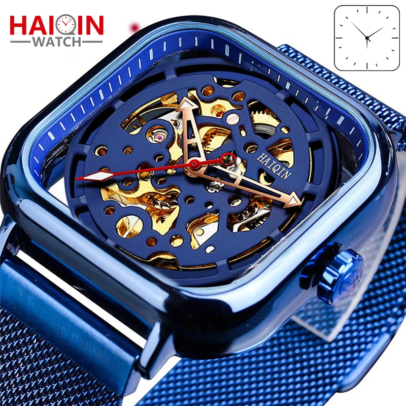 

HAIQIN Модные полые военные мужские часы лучший бренд класса люкс механические часы мужские wirst часы скелетоны синие часы Reloj hombres